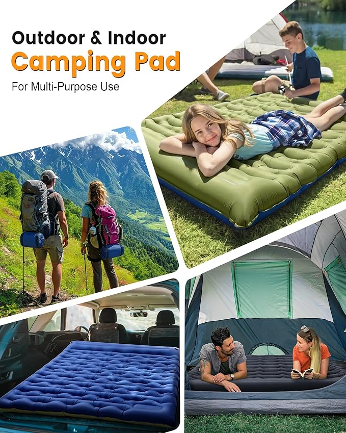 Double Sleeping Pad for Camping, 5.9 Inch Thick Self Inflating Sleeping Mat for Camping with Built in Pillow and Foot Pump, 2 Person Camping Mattress for Backpacking Hiking