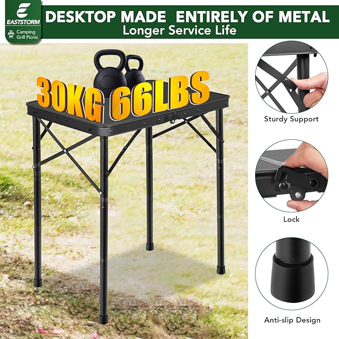 E EASTSTORM Small Metal Folding Table 3 Adjustable Heights, 23.6''×15.7''×27'' Heavy-Duty Portable Picnic Table for Outdoor Camping, Garden, Patio, Grill, BBQ, Party, 2Ft (Small, Black)
