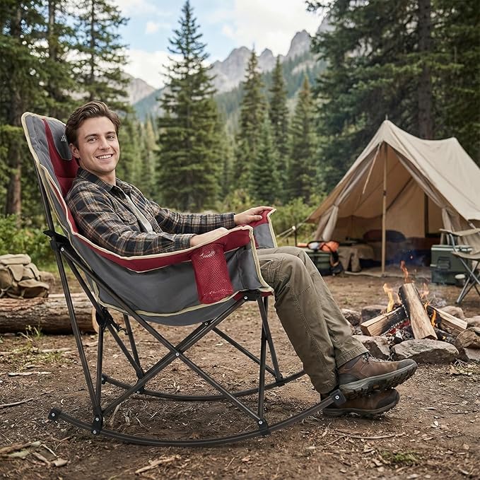 SUNNYFEEL Rocking Camping Chair Fully Padded Patio Folding Chair Portable Oversized Outdoor Rocker High Back Lawn Recliner with Side Pocket Camp Rocker Chairs for Adults Heavy Duty 500 LBS Red