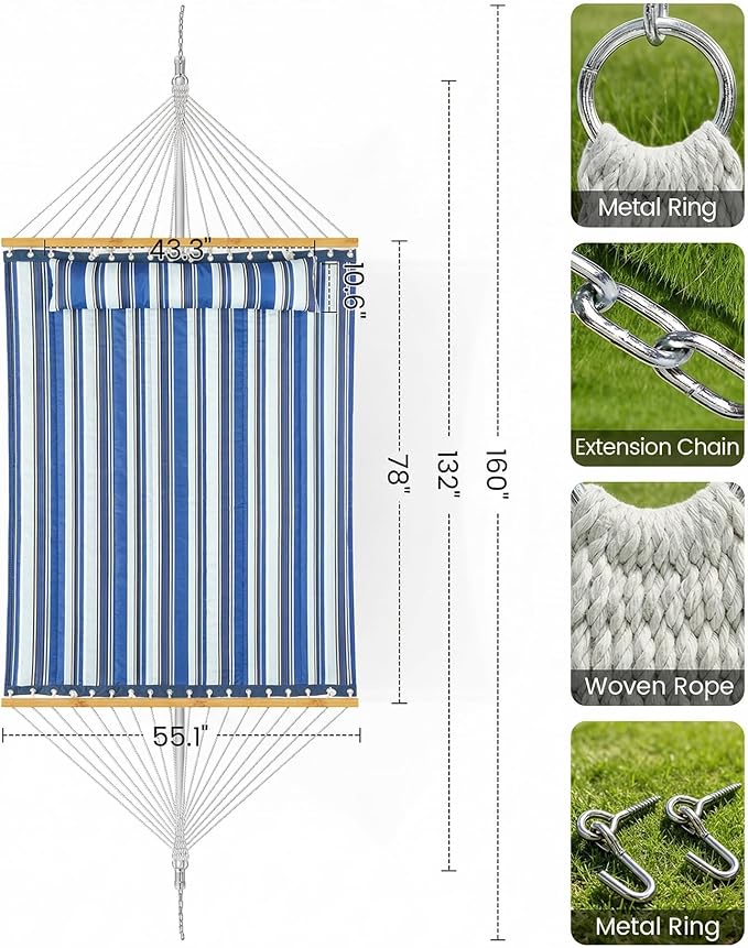 ANAGOO Double Quilted Outdoor Hammock for 2 Adults, 500lb Capacity Backyard & Camping Hammock with Pillow and Bamboo Spreader Bar, Fits 11–15ft Hammock Stands (Stand Not Included),Blue