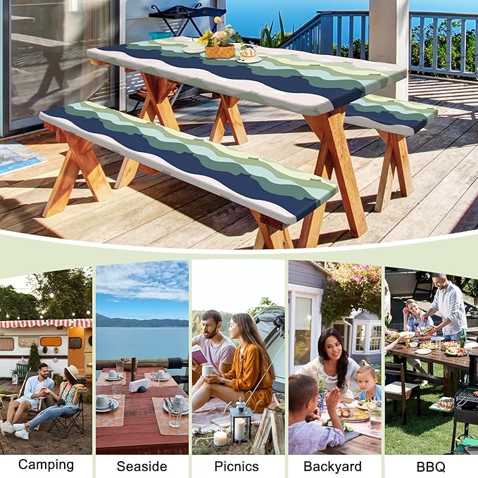 Picnic Table Cover with Bench Covers Portable Table Cloth Built-in Storage Pocket Fitted Tablecloth with Elastic Edges Waterproof Camping Essentials for Indoor Outdoor Rv,72in,Green Cat