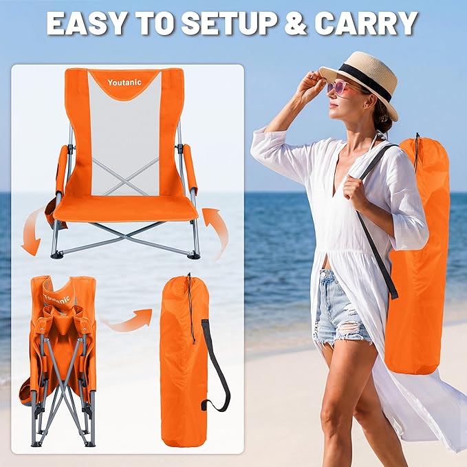 Youtanic Beach Chairs 2 Packs, Folding Portable Chair for Adults, Standard Back Extra Wide Seat with Cup Holder & Carry Bag, Lightweight Camp Chair for Outdoor, Beach, Sand, up to 350lbs, Orange