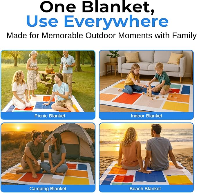 scuddles Extra Large Picnic Blanket – 80" x 80" Waterproof Outdoor Mat with Soft 3-Layer Comfort, Foldable Design & Carry Strap for Beach, Camping, Parks, Hiking & Family Picnics