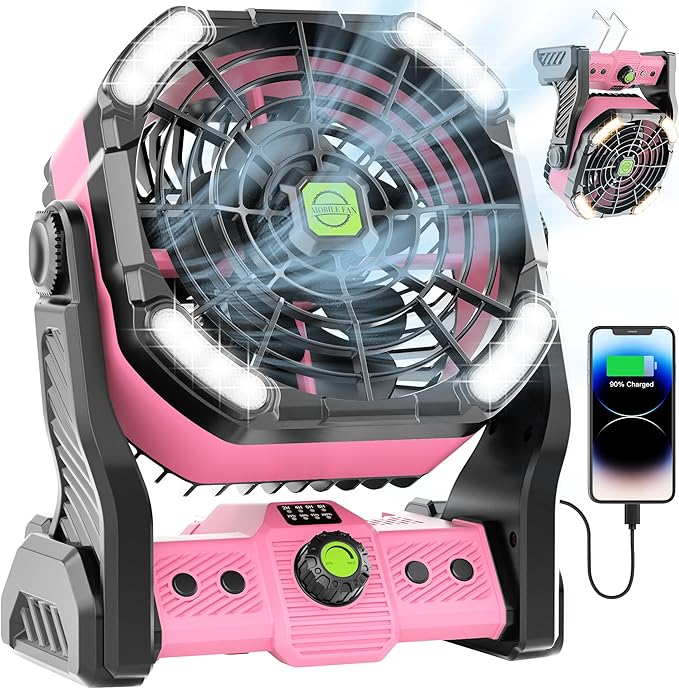 20000mAh Rechargeable Fan Battery Powered Operated,Portable Rechargeable Pink Camping Fan with LED Lantern,270ยฐRotation,USB Table Fan Pink Camping Accessories Battery Fans Portable