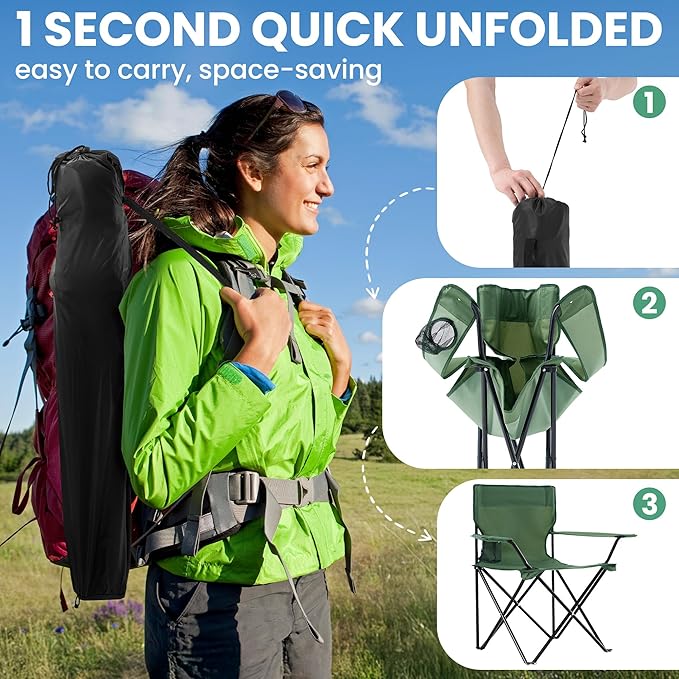 2 Pack Folding Camping Chairs for Adults, Foldable Portable Beach Chairs with Carry Bag & Cup Holder, Compact Design for Camping, Beach, Picnics, and Fishing Supports 300LBS(Dark Green)
