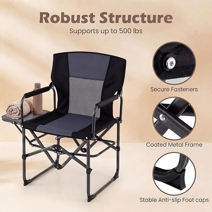 GYMAX Oversized Camping Directors Chair, Portable Folding Camping Chairs for Adults with Table, Heavy-Duty Lawn Chair for Fishing, Picnic, Sports, Beach, Outdoor, Supports 500LBS (Grey)