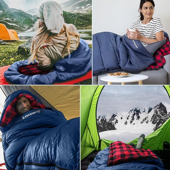 Keencamp 0 Degree Sleeping Bag Cotton Flannel Winter Cold Weather for Adults XXL Sleeping Bag 4 Season Big and Tall with Pillow Compression Sack