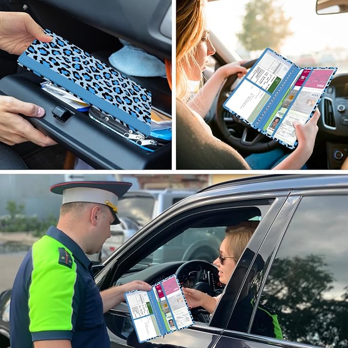 Car Registration and Insurance Holder, with Magnetic Closure for License, Cards and Documents, All Vehicle Needs and Car Accessories (Leopard-Blue)