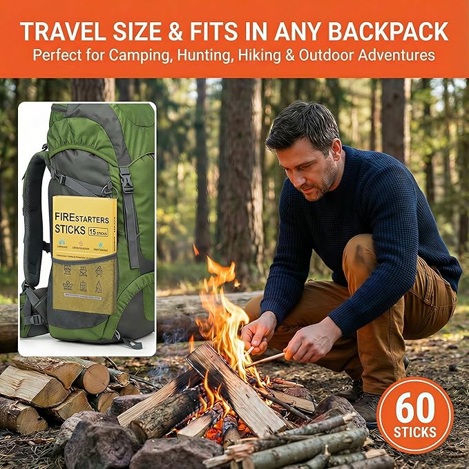 Natural Fire Starter for Fireplaces: Quick Start Fire Starters Sticks for Grills Campfires Indoor & Outdoor Firepit BBQ Wood Stove - Odorless Charcoal Firestarter Blocks 60 Count