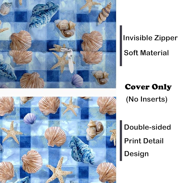 Coastal Throw Pillow Covers 18x18 Set of 2 | Blue Ocean Shell Starfish Cushion Covers | Beach Gingham Decorative Pillow Cases for Couch Sofa Living Room Bedroom