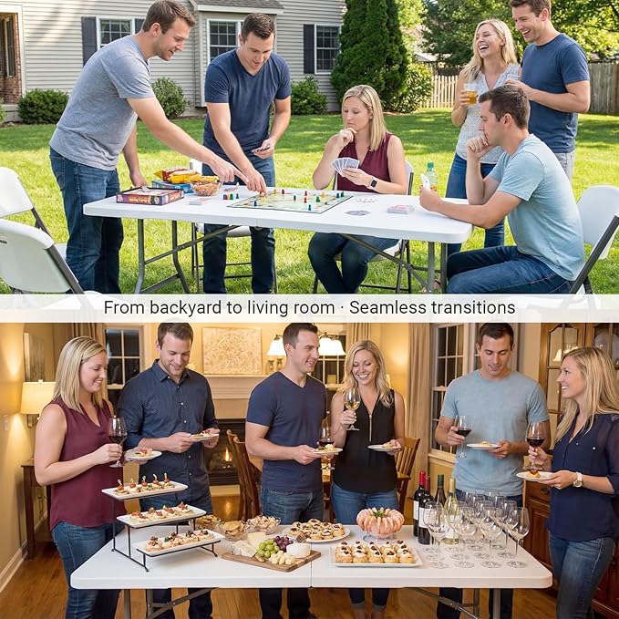 Byliable Folding Table 6ft, Heavy Duty Portable Plastic Fold-in-Half Utility Table with Carrying Handle for Indoor Outdoor, Camping Picnic Party, White