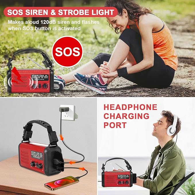 20000mAh Emergency Solar Radio with Hand Crank, NOAA Weather Radio & USB Charger - Portable Power Bank, LED Flashlight, SOS Alarm (red)