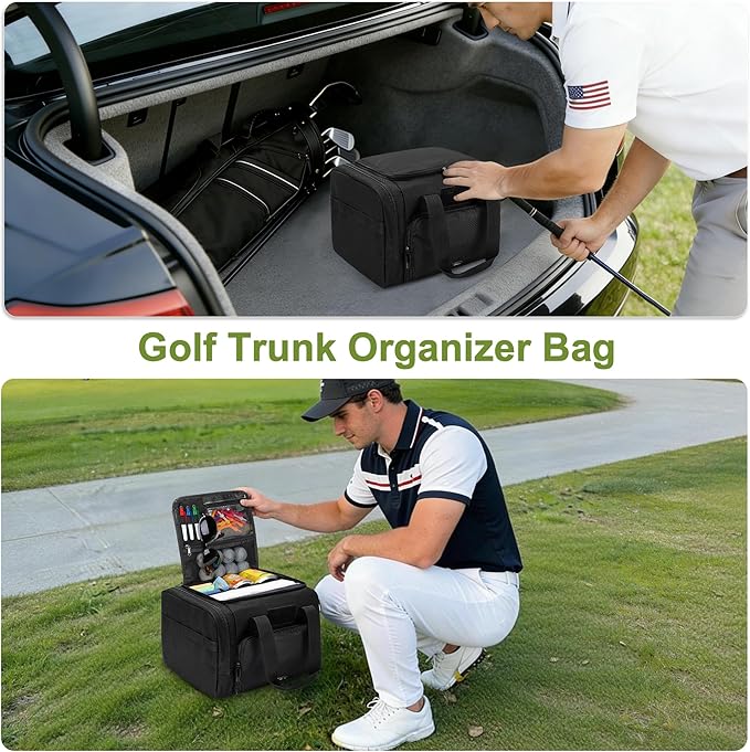 DSLEAF Small Golf Trunk Organizer Bag for Men & Women, Golf Car Locker with Bottom Shoe Space for A Pair of Shoes, Multiple Pockets for Balls, Tees, Cap, Gloves and Towels