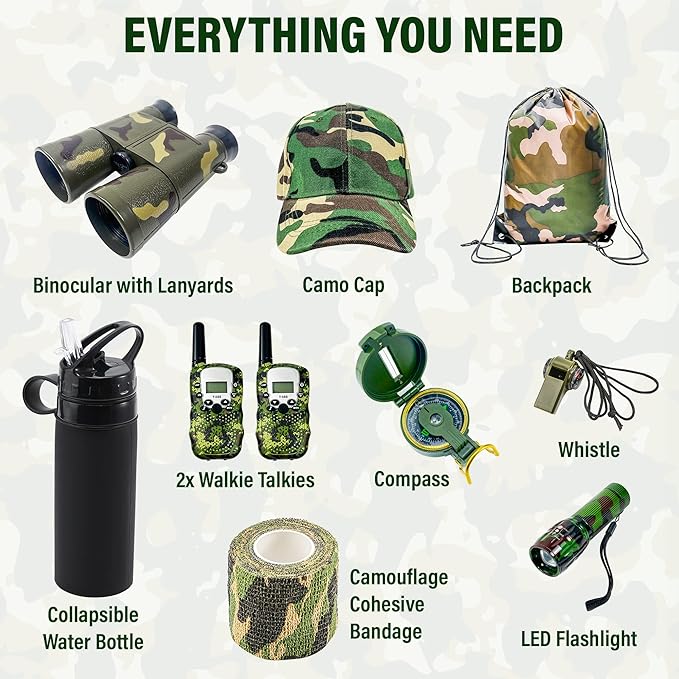 Kids Explorer Kit - 10-in-1 Nature Explore Set with Walkie Talkies, Binoculars, Compass, LED Flashlight - Outdoor Adventure Kit for Boys and Girls - Complete Camping Gear Bundle