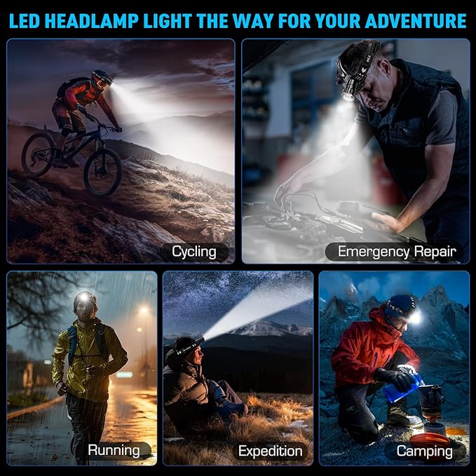 Sinvimes 99000 High Lux LED Rechargeable Headlamp, 95H Long Battery Life Head Lamp with 5 Modes & IPX7 Waterproof & Zoomable, 120° Adjustable Head Light for Adults, Outdoor, Camping, Hardhat