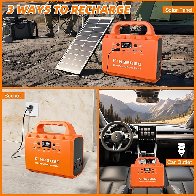 KINGBOSS 100W Portable Power Station, 96Wh LiFePO4 Battery Generator with 65W Fast Charging, Lightweight Solar Power Bank Supply with AC/DC/USB-C/USB-A Outputs & LED for Camping, Home Backup, Outdoor