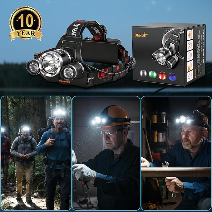 BORUIT RJ-3000 Headlamp Rechargeable, LED Head Lamp Super Bright - Outdoor Headlight 4 Modes, 4 Helmet Clips, Waterproof Construction Hard Hat Head Light for Adults Camping Hiking Hunting