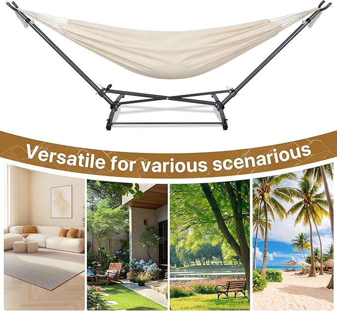 Homgava Portable Hammock with Folding Hammock Stand,Heavy Duty Steel Hammock Stand for Indoor and Outdoor with Carrying Bag,3 Holes for Height Adjustment, 550 LBS Weight Capacity,Off White