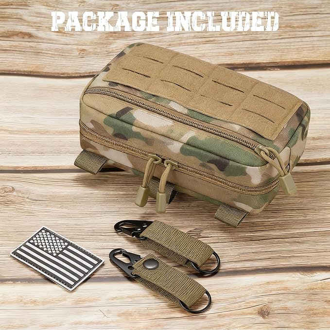 Tactical Molle Admin Pouch with 2 Keychains & US Flag Patch - Laser Cut EDC Modular Pouch for Outdoor, Survival, Daily Carry