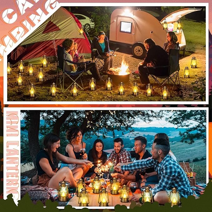 Ferraycle 24 Pcs Mini Lantern for Centerpiece Western Wedding Decor 4 Inch Camping Decorative with LED Candle Vintage Hanging Lantern Ornaments Bulk for Cowboy Cowgirl Xmas Party Decoration (Bronze)