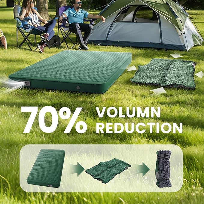 Self Inflating Double Sleeping Pad for Camping with Electric Pump 4 Inch Ultra Thick Memory Foam 2 Person Inflatable Sleeping Pad All Season Full Size Portable Camping Mattress for Travel,Tent (Green)