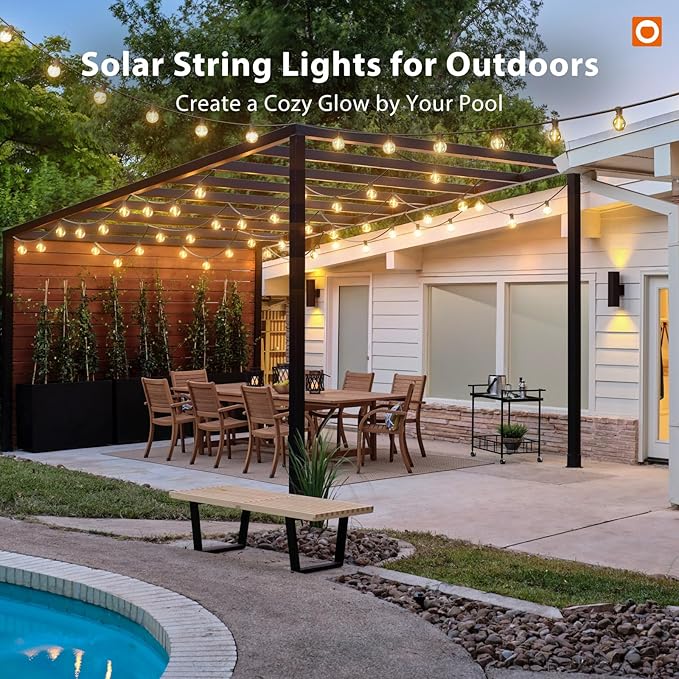 addlon 100FT Solar String Lights Outdoor with Remote, 54 LED Shatterproof Bulbs, Dimmable & Timable, 3 Light Modes, G40 Waterproof Solar String Lights for Outside Backyard Party Decor