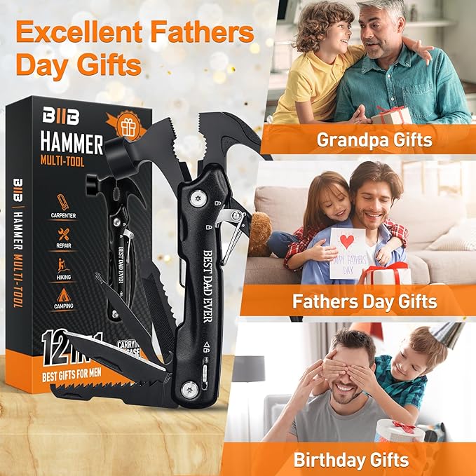 BIIB Gifts for Dads, 12 in 1 Hammer Multitool Camping Essentials, Fathers Day Mens Gifts for Husband Dad Grandpa, Birthday Gifts for Men, Fathers Day Dad Gifts from Daughter Camping Gear Survival Tool