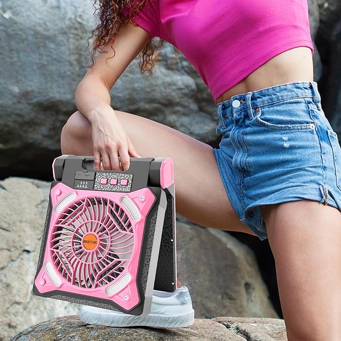 WESTTREE Solar Fan Battery Powered Rechargeable Solar Camping Fan with Led Lantern & Power Bank Foldable Angle USB Personal Fans for Travel Outdoor Camping Tents X98 Pink