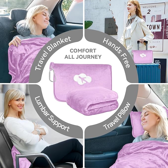 Travel Blanket and Pillow Compact, Premium Soft 2 in 1 Airplane Blanket with Soft Bag Pillowcase,Hand Luggage Sleeve and Backpack Clip (Solid Purple)