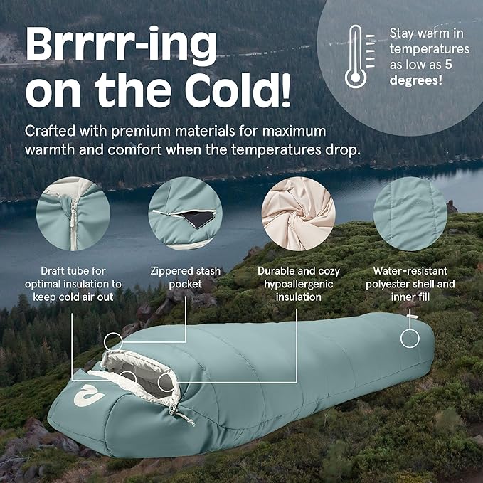 Retrospec Dream Mummy Sleeping Bag - 5, 15, & 30°F Cold Weather Camping & Travel Essential Gear with Water - Resistant Shell & Synthetic Fill - Zippered Pocket & Stuff Sack