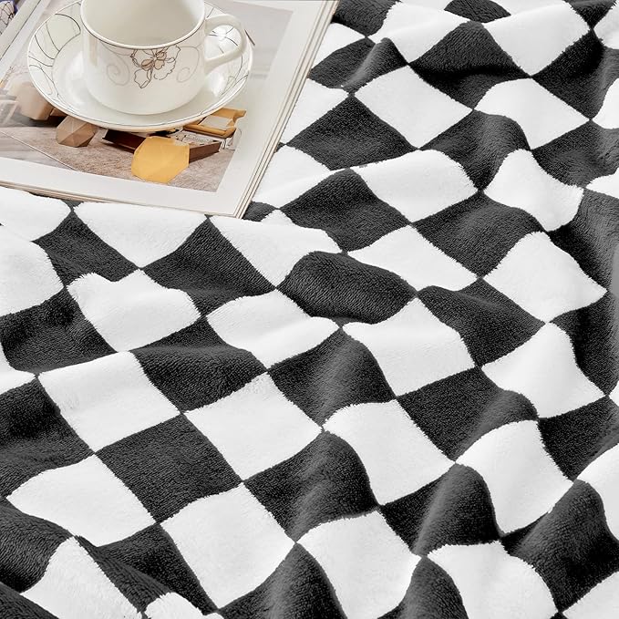 Edenleaf Checkered Blanket Flannel Throw Blankets Soft Cozy Checkered Grid Print Chessboard Gingham Pattern Throws for Bed Sofa Couch for All Seasons, 60x80 Inch, Black