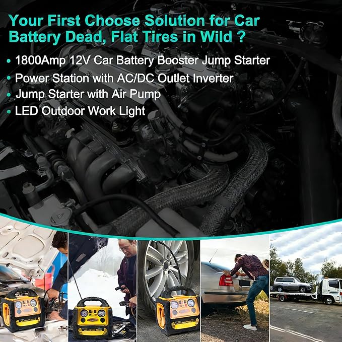 6 in 1 Jump Starter with Air Compressor 150 PSI Tire Inflator,Upgraded 1800A Peak 12V Portable Car Battery Jump Starter,400 Watt Inverter Power Station with AC/DC/USB Outlets (8.0L Gas/6L Diesel)