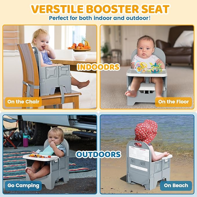 Orzbow Portable High Chair with Tray, Foldable Booster Seat for Travel Toddlers 6-36 Months, Baby Chair for Dining Table, Camping, Beach, Portable Booster Chair, Up to 33 lbs Baby, Grey