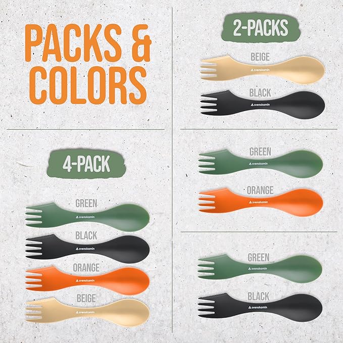 Reusable Camping Spork Set 2-Pack - 3-in-1 Travel Sporks, Lightweight Durable Utensils & Silverware for Tailgate, Outdoors, Hiking, Picnic, Lunch Box - Eco-Friendly Plastic Fork Spoon Knife Combo