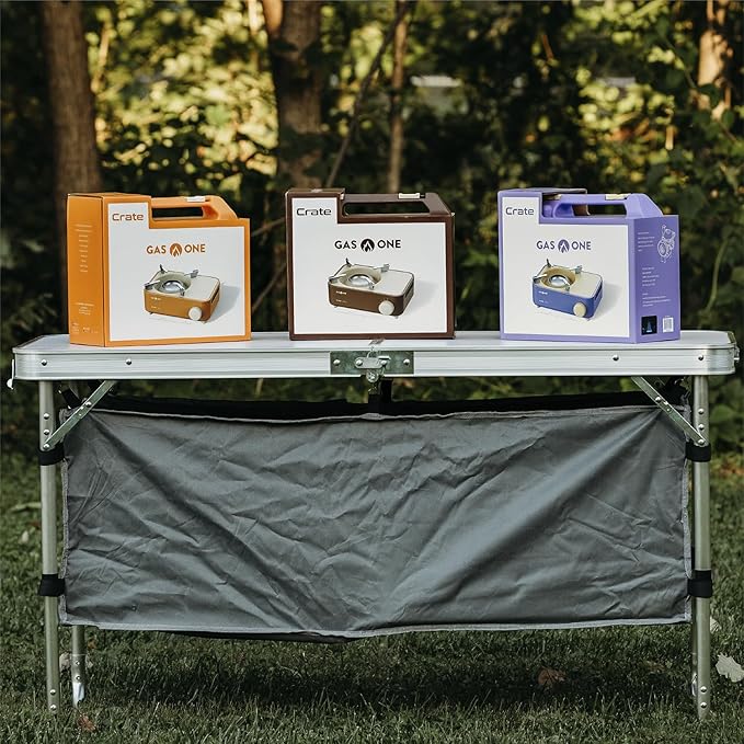 Gas One Butane Fuel Camp Stove – Crate Series - Mini Stove for Camping, Hiking – Portable Gas Stove with Spiral Flame – Even Heat Distribution – Modern and Easy to Use (Violet)