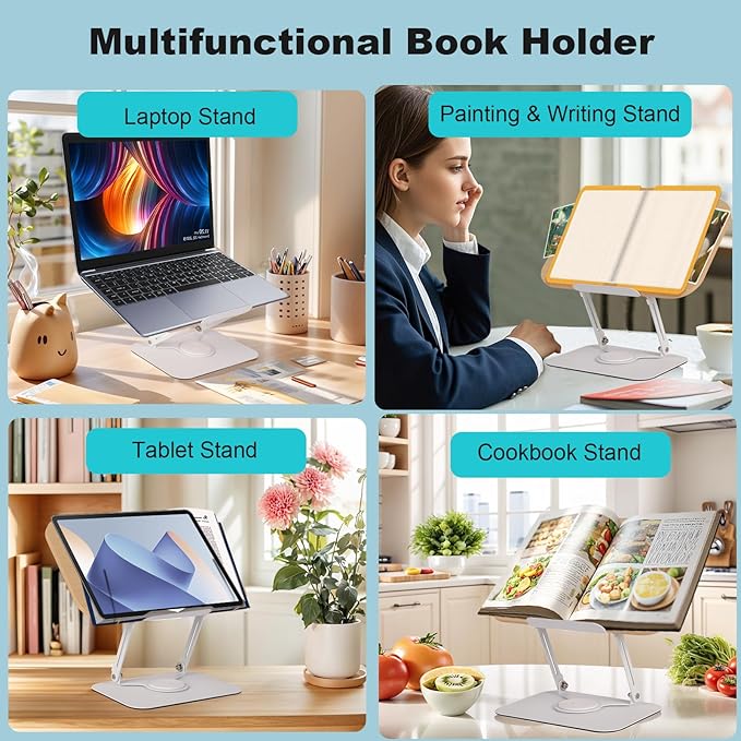 Book Stand for Reading - 360° Rotating Base, Adjustable Height & Angle, Hands-Free Holder for Cookbooks, Textbooks, Tablets up to 17.3 Inches (Light Yellow)