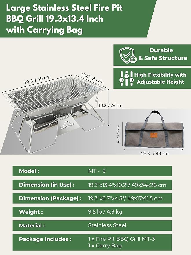 CAMPINGMOON Large Portable Campfire Fire Pit BBQ Grill Stainless Steel Foldable Collapsible Wood Burning Charcoal Grill for Heavy Duty Outdoor Cooking RV Camping, 20x13-inch, Carry Bag included MT-3