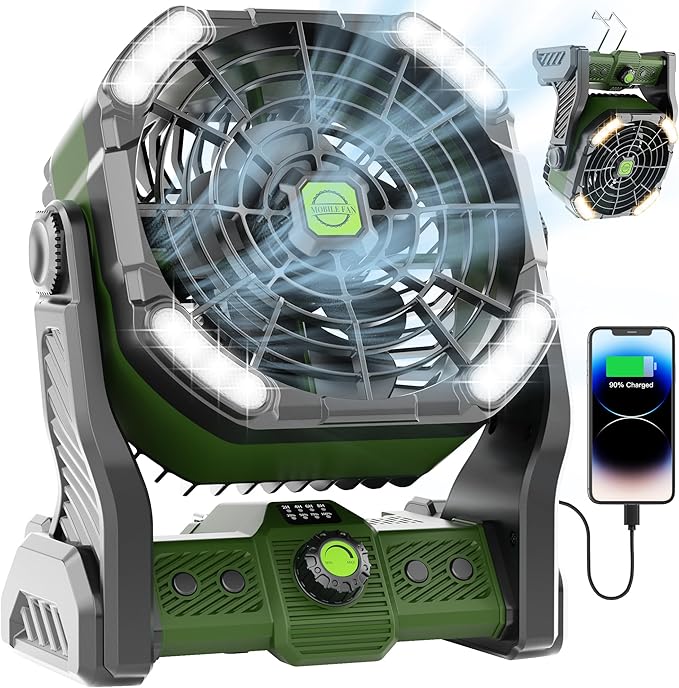 20000mAh Portable Camping Fan Rechargeable Portable fans for Travel Battery Powered Fan with LED Lantern,270° Rotation,USB Desk Battery Rechargeable Tent for camping essentials with Hook