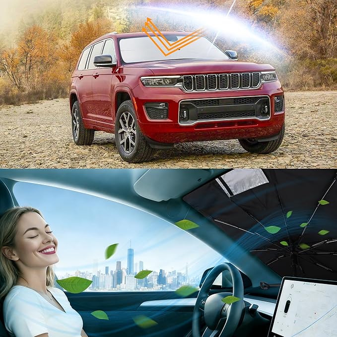 Windshield Sun Shade Umbrella Fit for 2011-2021 Jeep Grand Cherokee Accessories (NOT for Grand Cherokee L & Jeep Cherokee) Foldable Window Sunshade
