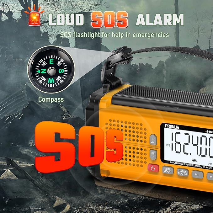 PRUNUS J-924 10000mAh/37000mWh Hand Crank Radio, AAA Batteries Powered Emergency Radio Solar, NOAA Weather Radio AM/FM/SW, USB Charging, Torch& Reading Light, SOS Alarm, Power Bank