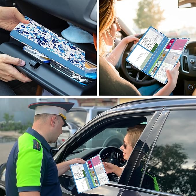 Car Registration and Insurance Holder, with Magnetic Closure for License, Cards and Documents, All Vehicle Needs and Car Accessories (Flower-Blue)