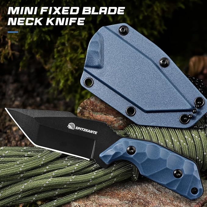 3.07" Small Neck Knife X-TAN-K, Horizontal Carry Knife with Sheath and Necklace, Full Tang Tanto 5Cr14MoV Steel Blade, Blue ABS Handle