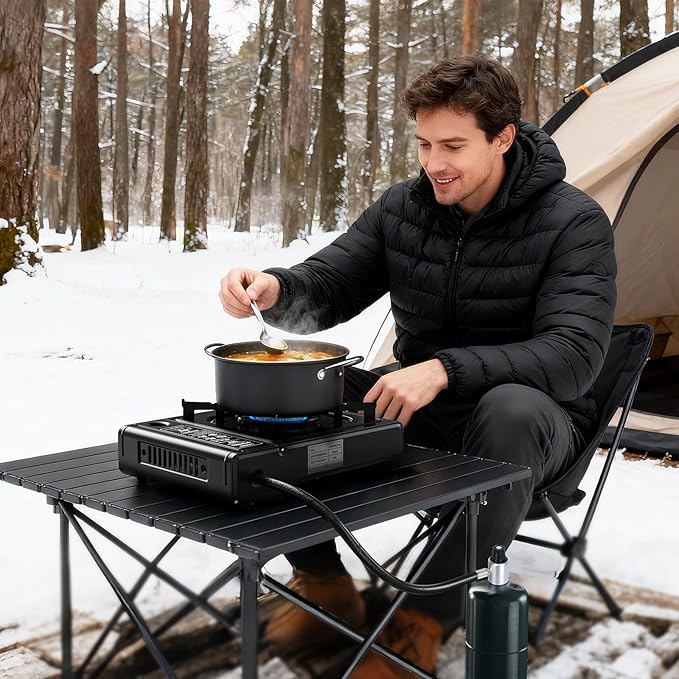 7800 BTU Dual Fuel Camp Stove, Butane or Propane Portable Stove for Camping, Lightweight Portable Camping Stove, Propane Adapter Hose and Carrying Case Included
