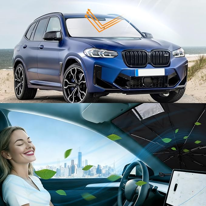 Windshield Sun Shade Umbrella Compatible with 2018-2026 BMW X3 Accessories Foldable Sunshade Sun Blocker Protect Car from Sun Rays & Heat Damage