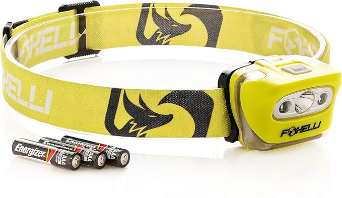 Foxelli LED Headlamp Flashlight for Adults & Kids, Running, Camping, Hiking Head Lamp with White & Red Light, Comfortable Headband, Lightweight & Waterproof, 3 AAA Batteries
