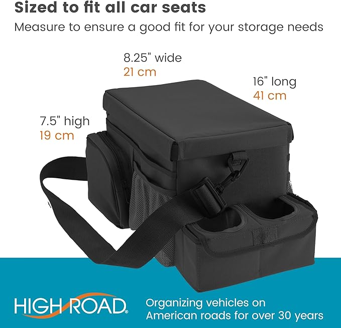 High Road CarHop Car Caddy Organizer with Road Trip Cooler, Car Cup Holder Bin, Sturdy Snack and Play Lid and 6 Organization and Storage Pockets