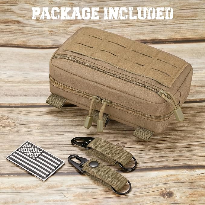 Tactical Molle Admin Pouch with 2 Keychains & US Flag Patch - Laser Cut EDC Modular Pouch for Outdoor, Survival, Daily Carry