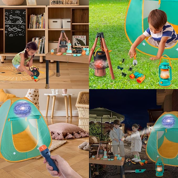 Qtioucp Kids Camping Set 50pcs with Folding Storage Table/Tent & Children’s Projector Flashlight- Outdoor Campfire Toy Set for Toddlers Kids - Pretend Play Camp Gear Tools for Birthday Christmas