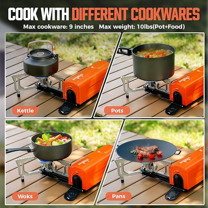 BIG HORN OUTDOORS Butane Camping Stove, Portable Folding Gas Burner with Carry Bag for Camping, Emergency Use and Outdoor Cooking, Orange