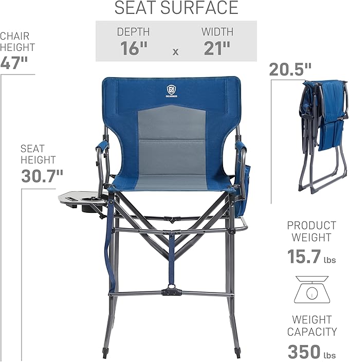 EVER ADVANCED Portable 30.7" Seat Height Tall Folding Camping Chair Directors Chair High Foldable Bar Stool with Side Table for Makeup Artist, Sports Event, Craft Show, Supports 350LBS